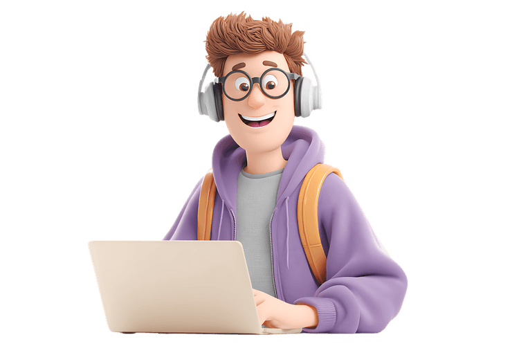 3d cartoon student with headphones and laptop