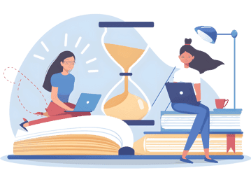 Online education with students, laptop, books, and time