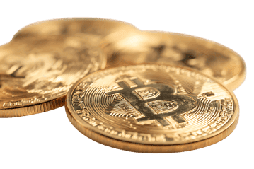 Close up of golden Bitcoin cryptocurrency coins.