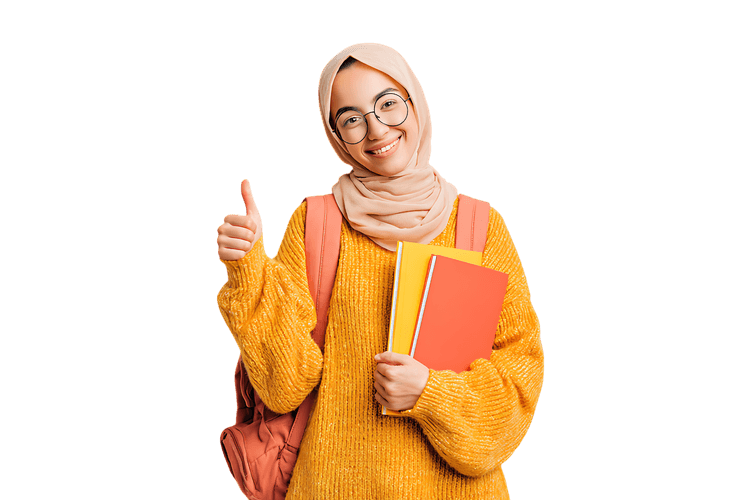 Smiling Muslim student giving thumbs up