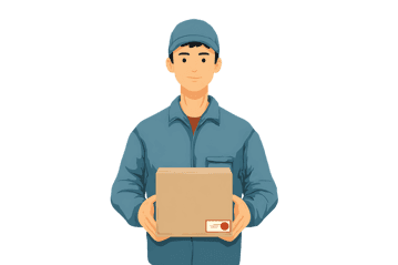 Cartoon illustration of a delivery man holding a package.