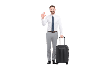 Smiling businessman waving goodbye with luggage