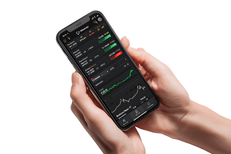 Hands holding smartphone displaying stock market app