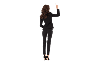 Woman in suit using interactive whiteboard, presenting or brainstorming.