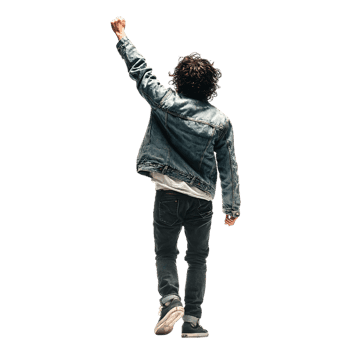 Man seen from behind with raised fist, symbolizing power, protest, and revolution.