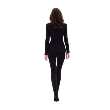 Businesswoman in black suit walks away. Rear view on transparent background.