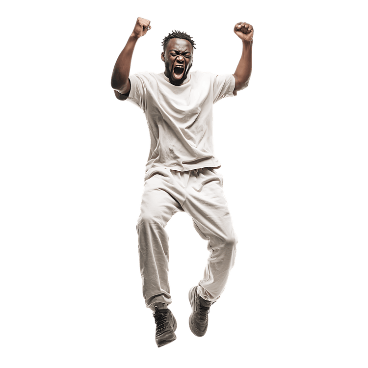 Man jumping with joy, celebrating victory.