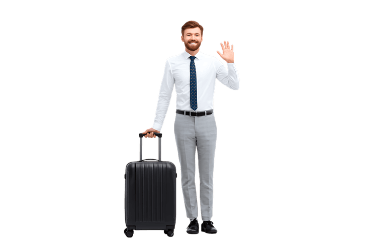 Smiling businessman waving, holding suitcase.