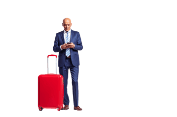 Businessman with red suitcase using smartphone