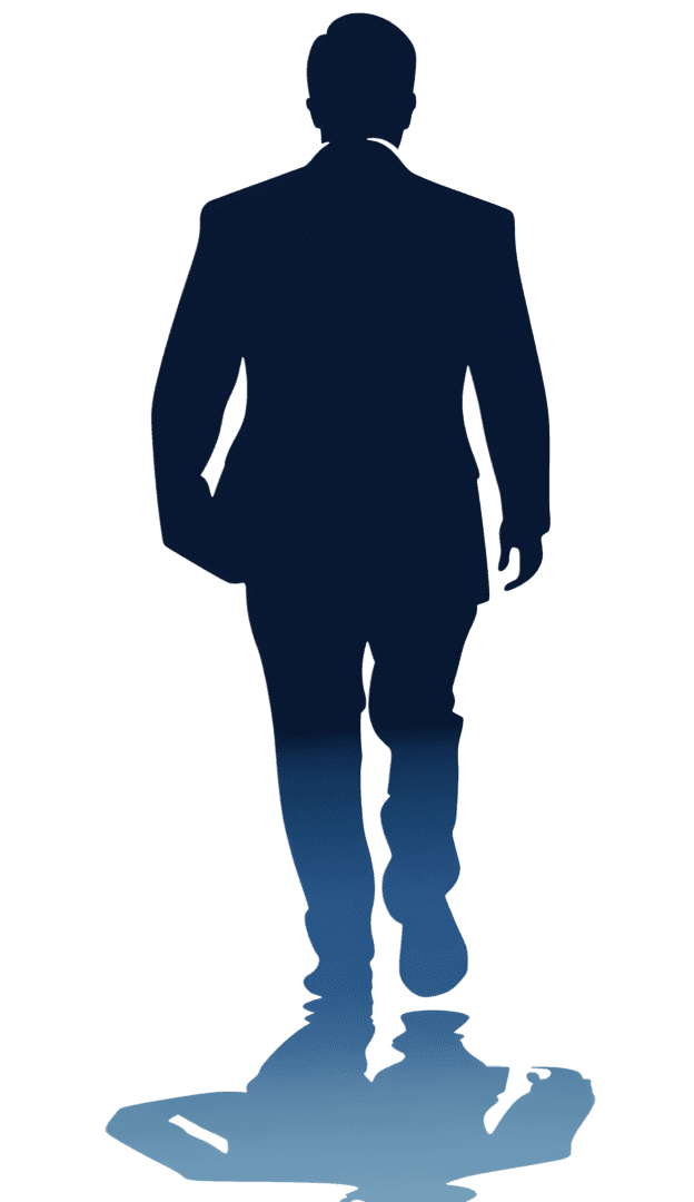 Businessman walking away, reflecting in a puddle.