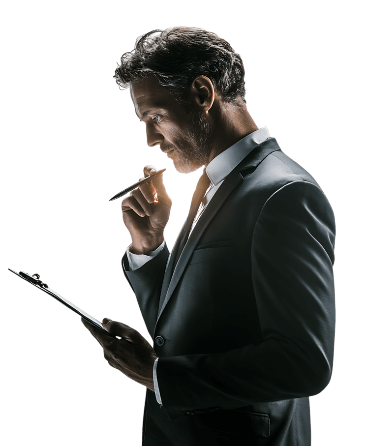 Thoughtful businessman reviewing notes.