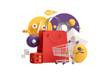 Shopping bag, cart, sale tags, 3D illustration.