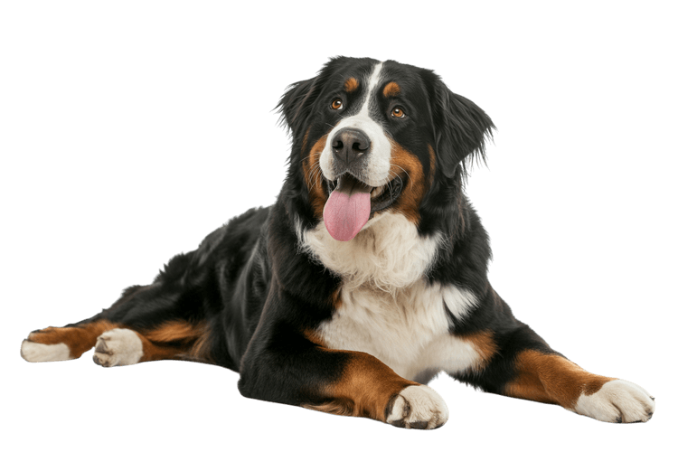 Bernese mountain dog laying down with tongue out