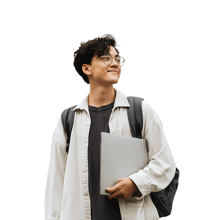 Confident young man ready for class, holding laptop.