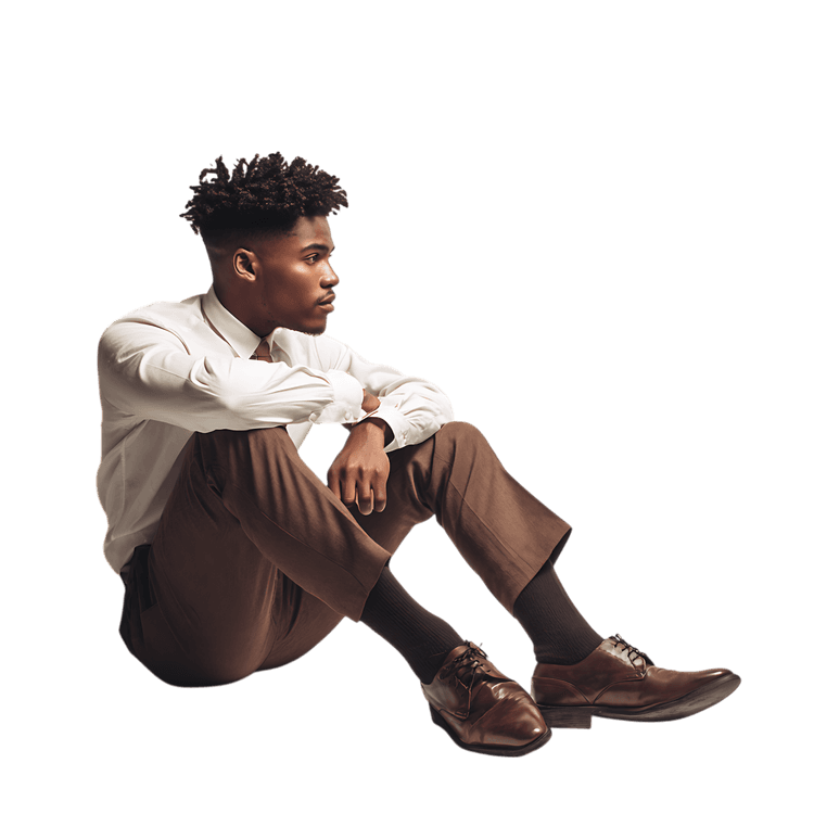 Young man sitting, lost in thought, contemplating.