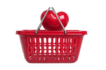 Red shopping basket with heart shaped object.