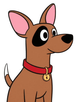 Cartoon dog with red collar and golden tag