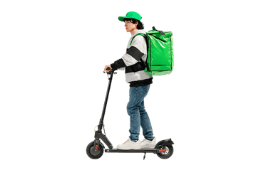 Delivery person on electric scooter with green backpack