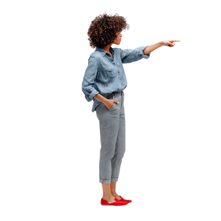 Confident woman pointing, guiding, or directing attention.