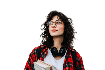 Young woman with glasses, headphones, and books, looking thoughtfully upwards.