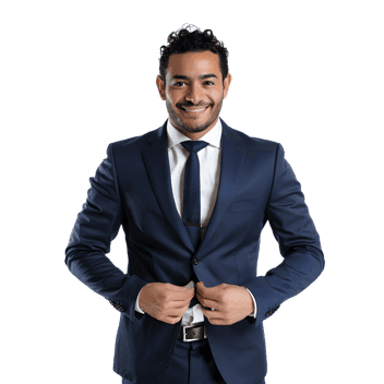Smiling businessman in a navy blue suit and tie