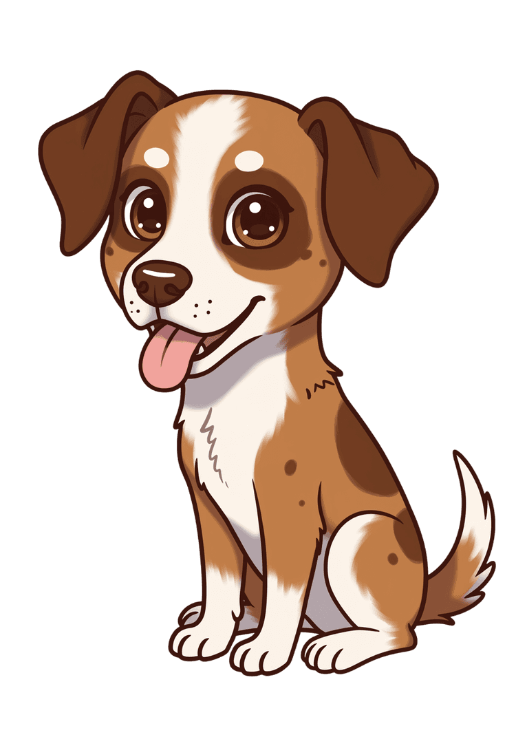 Cartoon puppy with brown and white fur. Cute dog character.