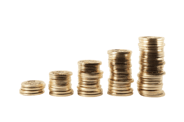 Ascending stacks of gold coins represent growth, profit, and financial success.