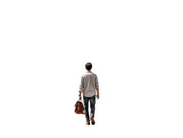 Man with bag walking away into a dark unknown space.