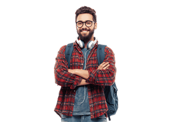 Happy young man with backpack and headphones