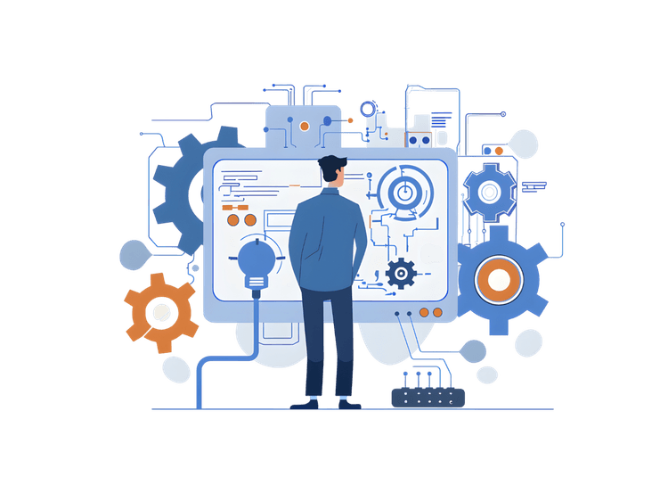 Man looking at a digital screen with gears and circuits