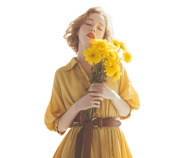 Serene woman holding yellow flowers, enjoying their fragrance.