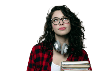 Young woman with books and headphones, looking up.