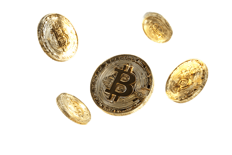 Bitcoin cryptocurrency coins falling on black background