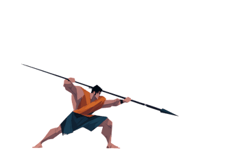 Cartoon illustration of a muscular warrior wielding a spear.