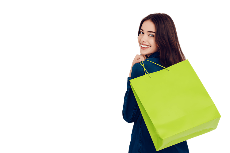Smiling woman with shopping bag, retail therapy, consumerism concept.