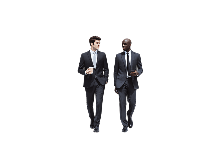 Two businessmen in suits, diverse ethnicities, walking and discussing business.