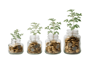 Coins in jars with growing plants. Financial growth, investment, savings concept.