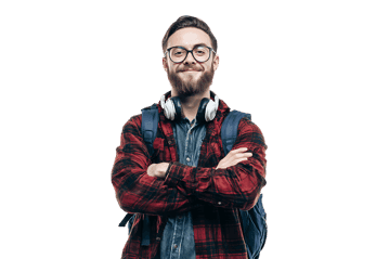 Portrait of a happy young student with a backpack and headphones.