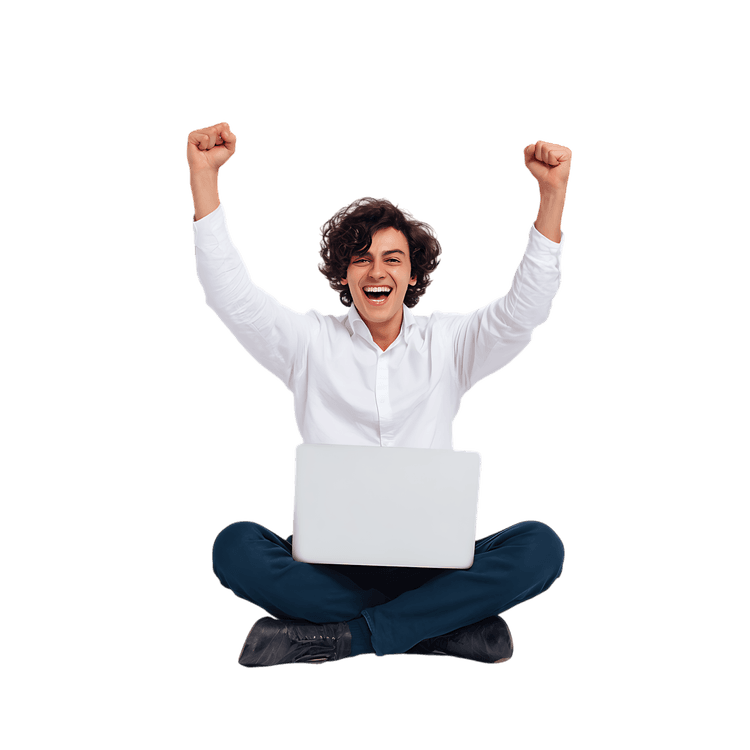 Young man with laptop celebrates achievement, expressing joy and excitement.