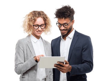 Diverse team reviews data on a tablet, showcasing teamwork and technology in business.