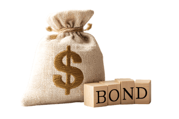 Financial investment concept. Money bag and wooden blocks spelling BOND.