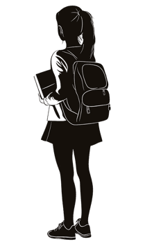 Back view of a student carrying books and a backpack.