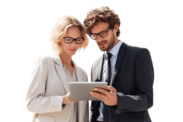 Business colleagues reviewing data on tablet.