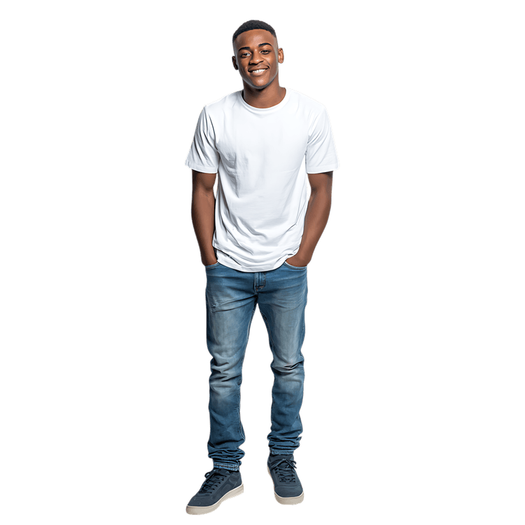 Smiling man in white t shirt and jeans, full body shot.