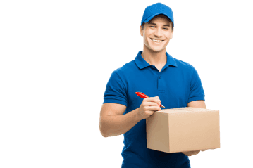 Smiling delivery man holding a package and signing a document