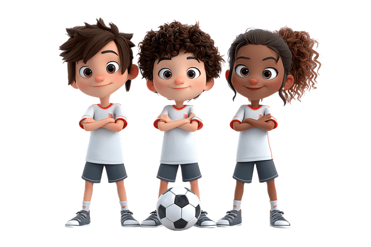 Diverse 3D children's soccer team, ready for the game. Teamwork and sportsmanship.