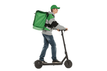 Delivery person riding an electric scooter.