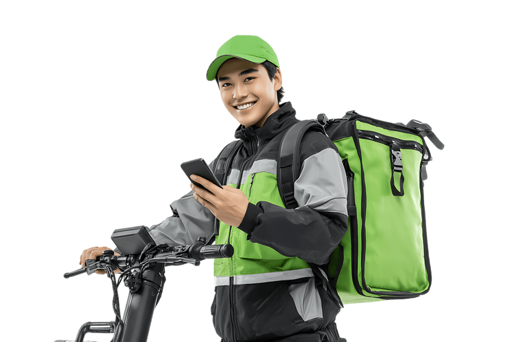 Food delivery man checking orders on mobile phone