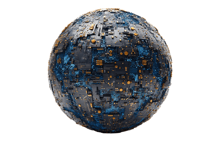 Abstract 3D rendering of a circuit board planet.  Global technology concept.