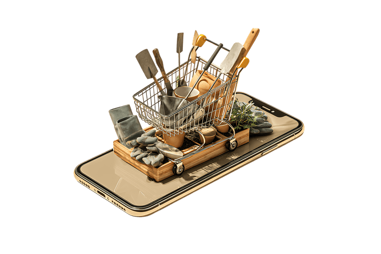 Online shopping cart with various goods on smartphone.